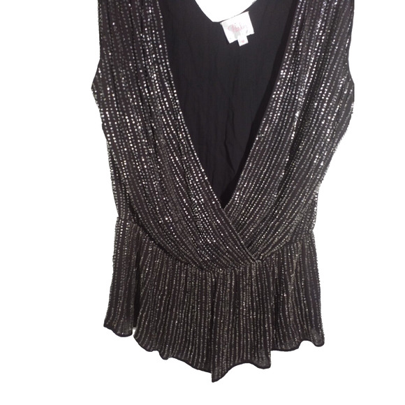 Parker Silk Beaded Sleeveless V Neck Faux Wrap Top Medium Black Boho - Picture 2 of 6